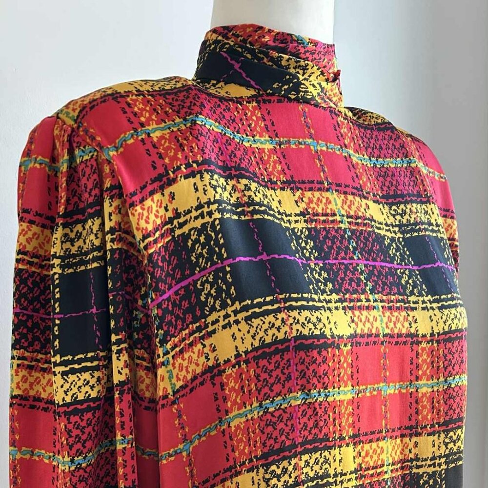 Vintage Irving Samuel Silk Multicolor Plaid Back-Button Mock-Neck Blouse – US M